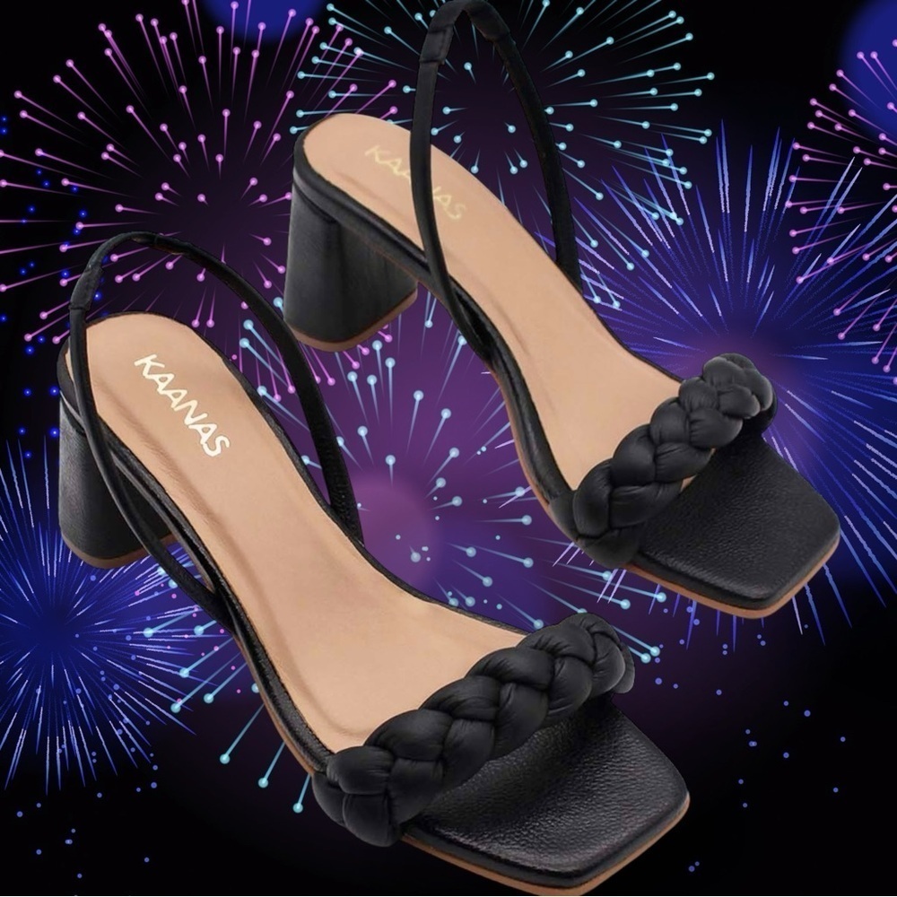 NWOT Kaanas Black Leather ‘Mistico’ Braided Strap Block Heel Slingback Sandals 7